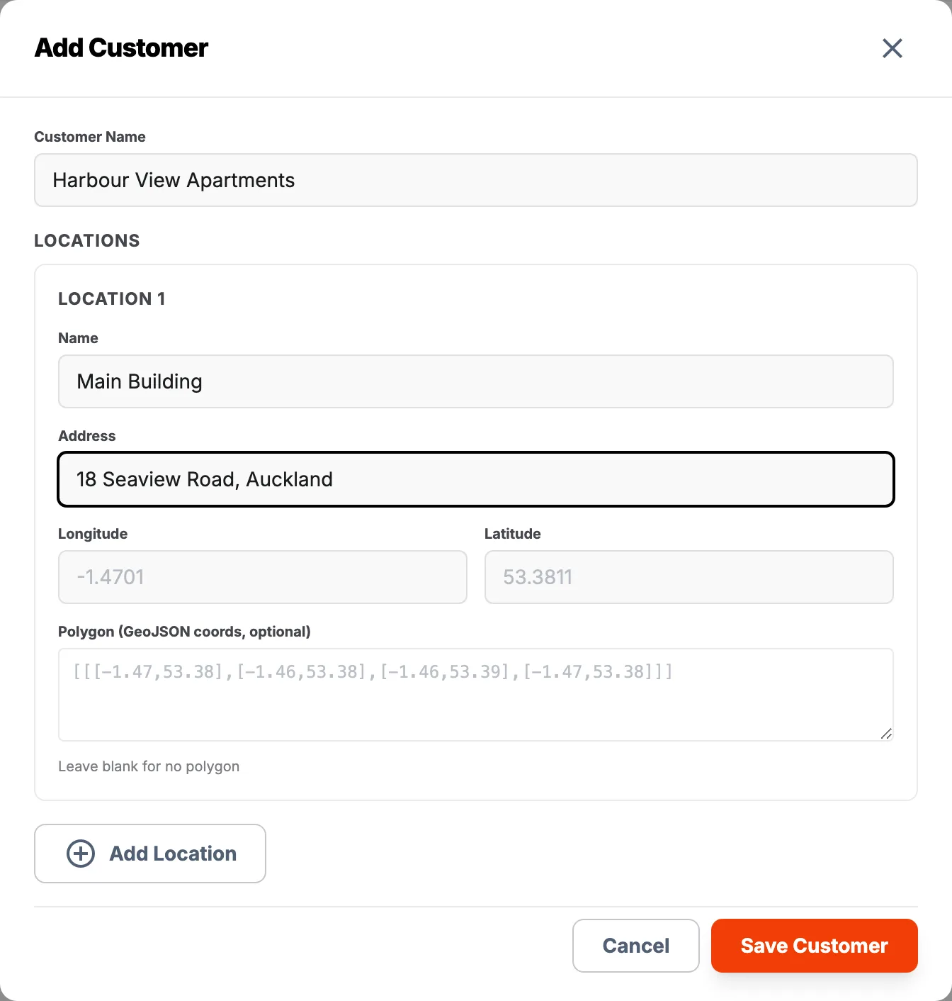 Add Customer window completed with a customer name and first location