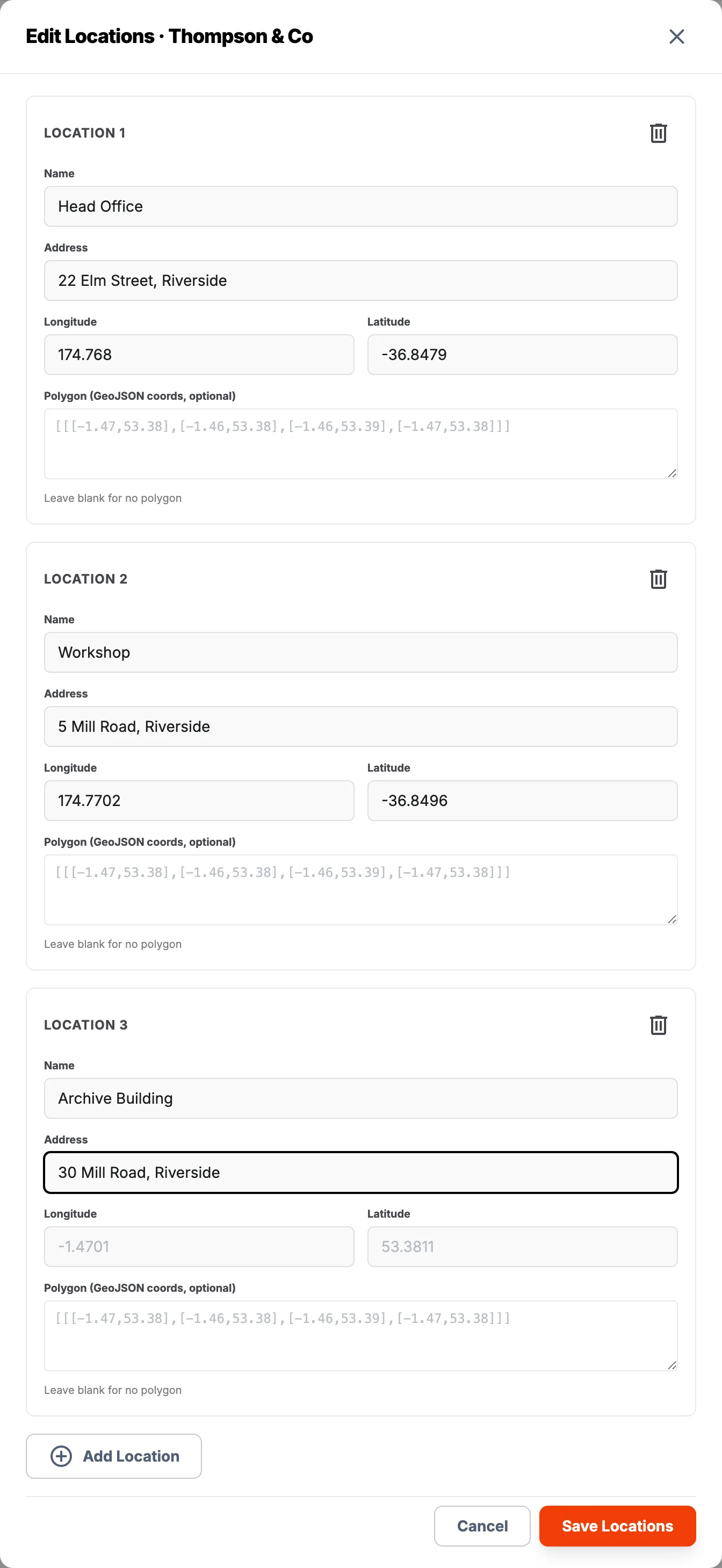 Edit Locations window showing two existing locations and a third location being added