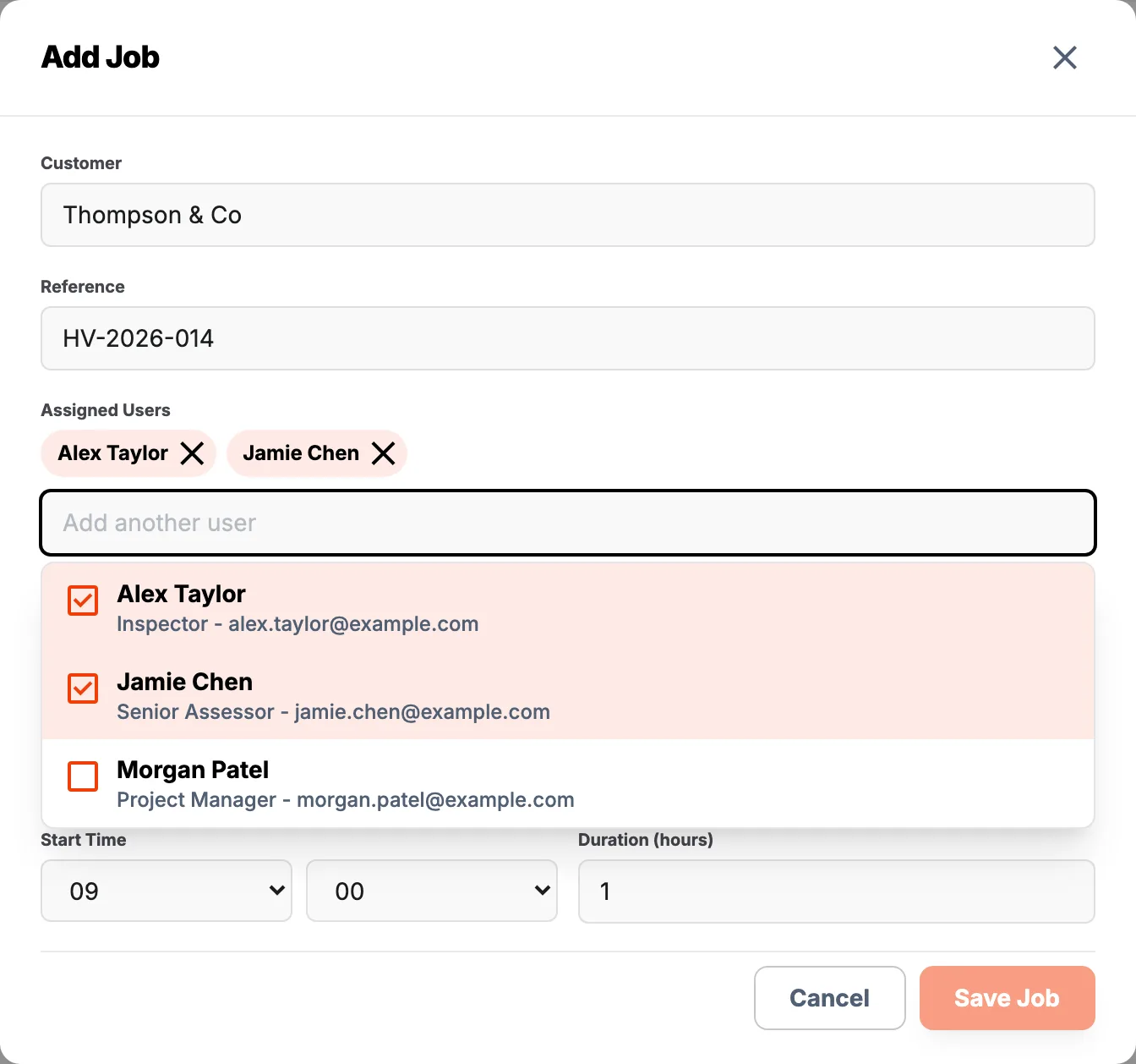 Add Job window with Alex Taylor and Jamie Chen selected in Assigned Users