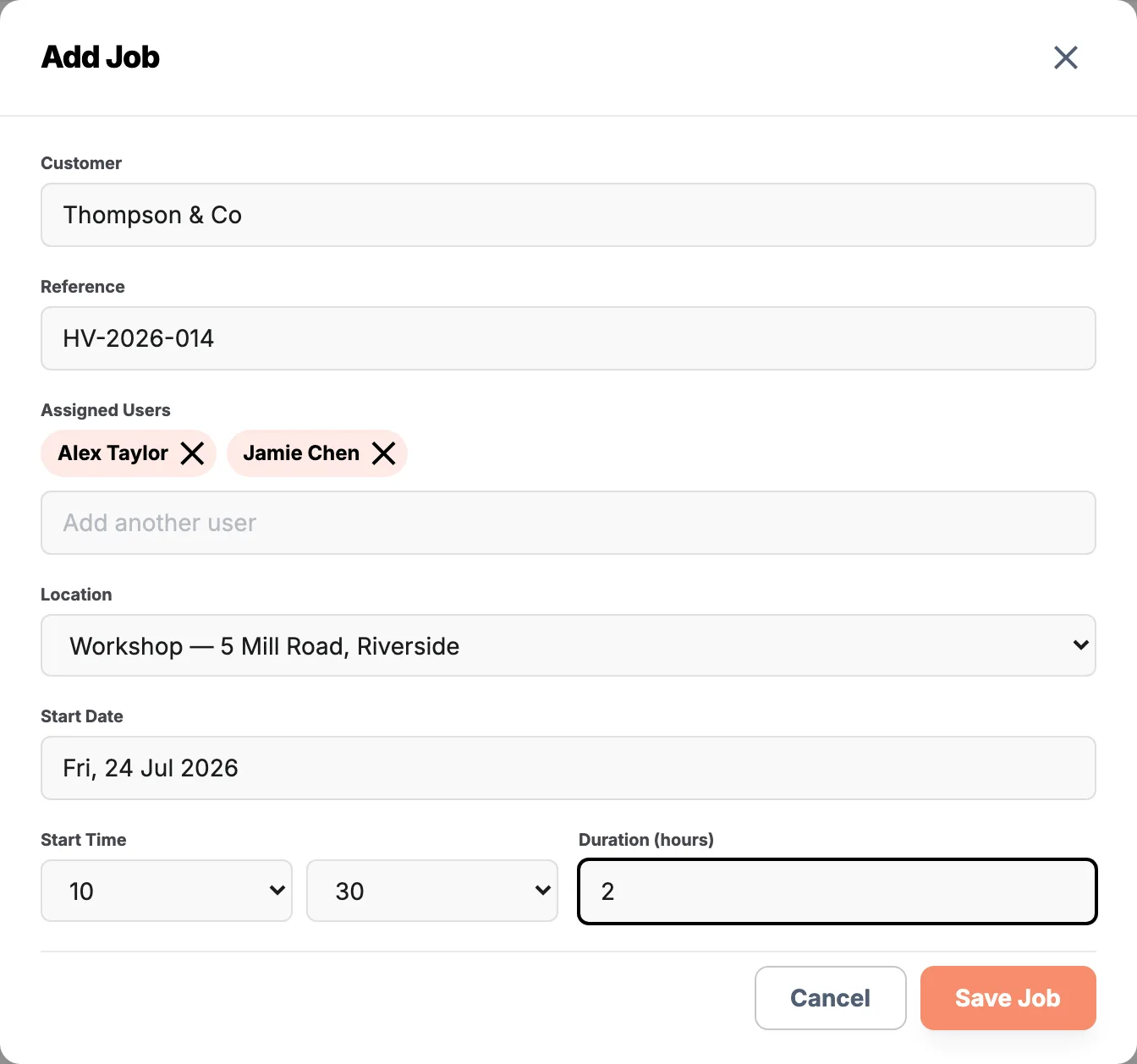 Completed Add Job window with customer, assigned users, location, start date, start time, and duration