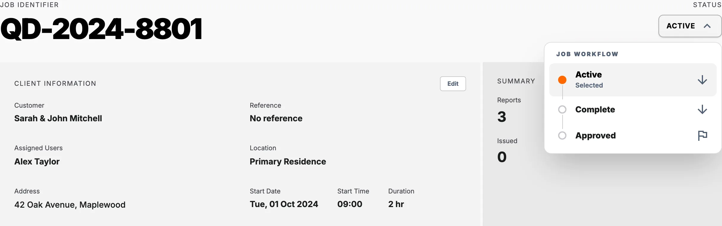 Job page with the status menu open showing Active, Complete, and Approved