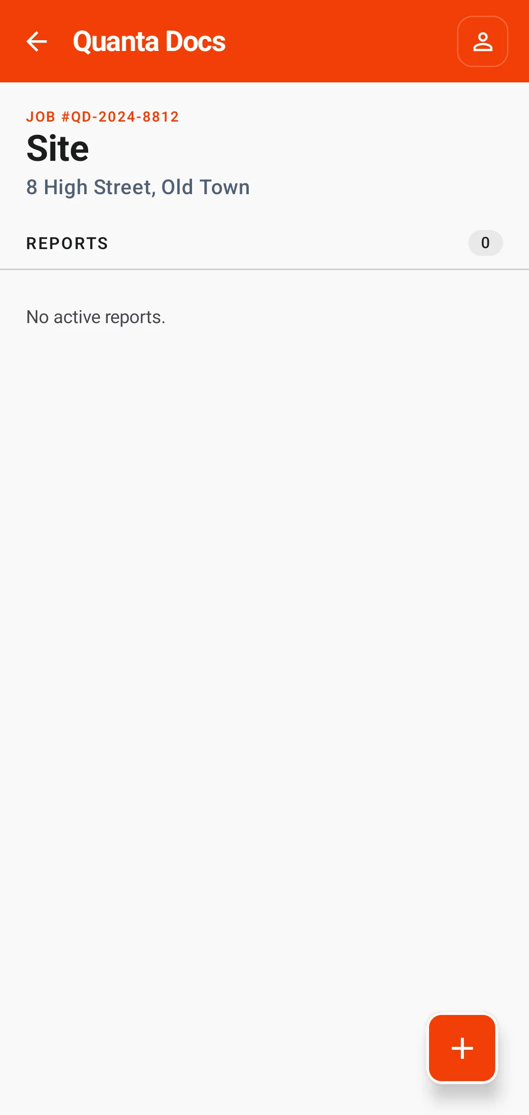 QuantaDocs mobile job page with the New report button