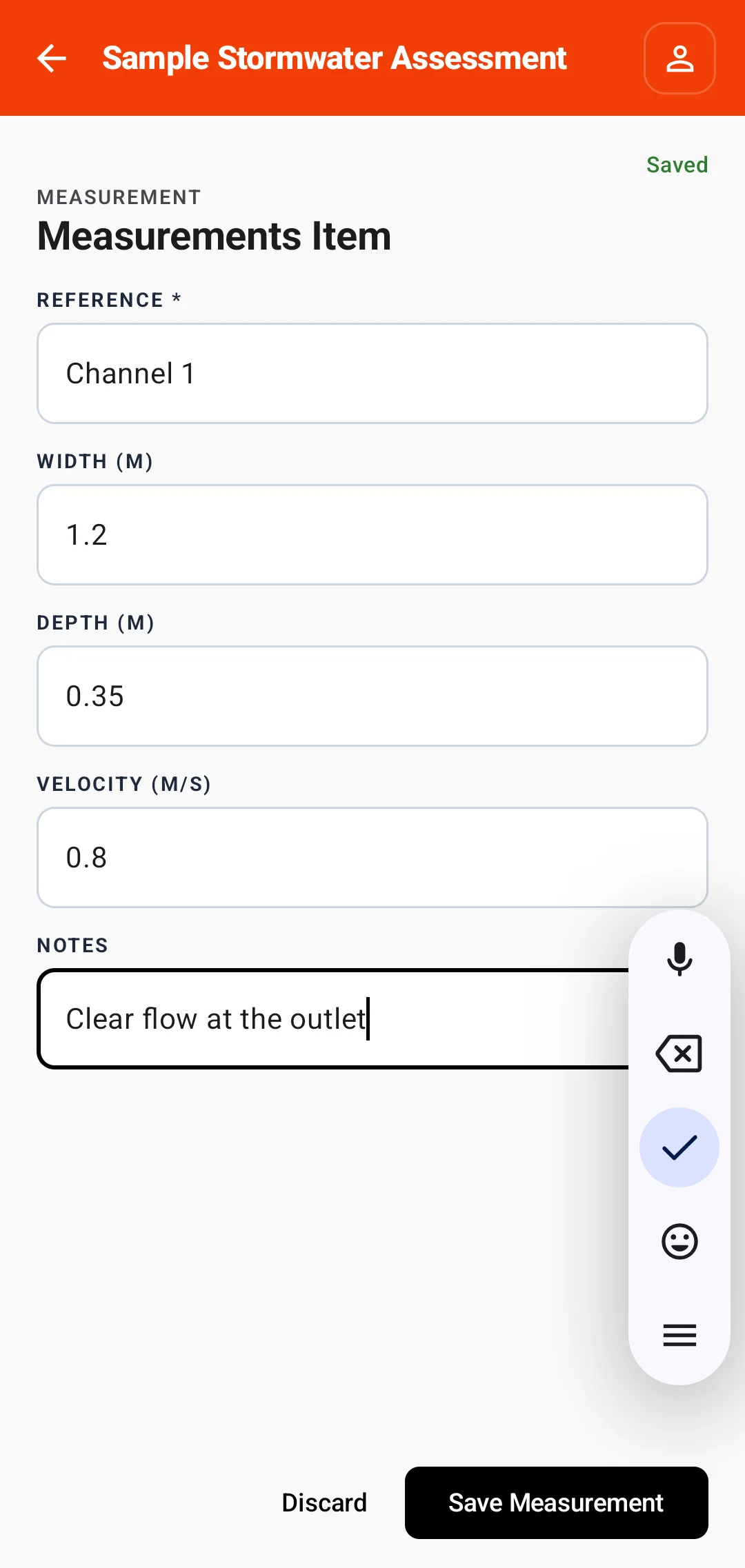 Mobile measurement entry with reference, width, depth, velocity, notes, and Save Measurement button