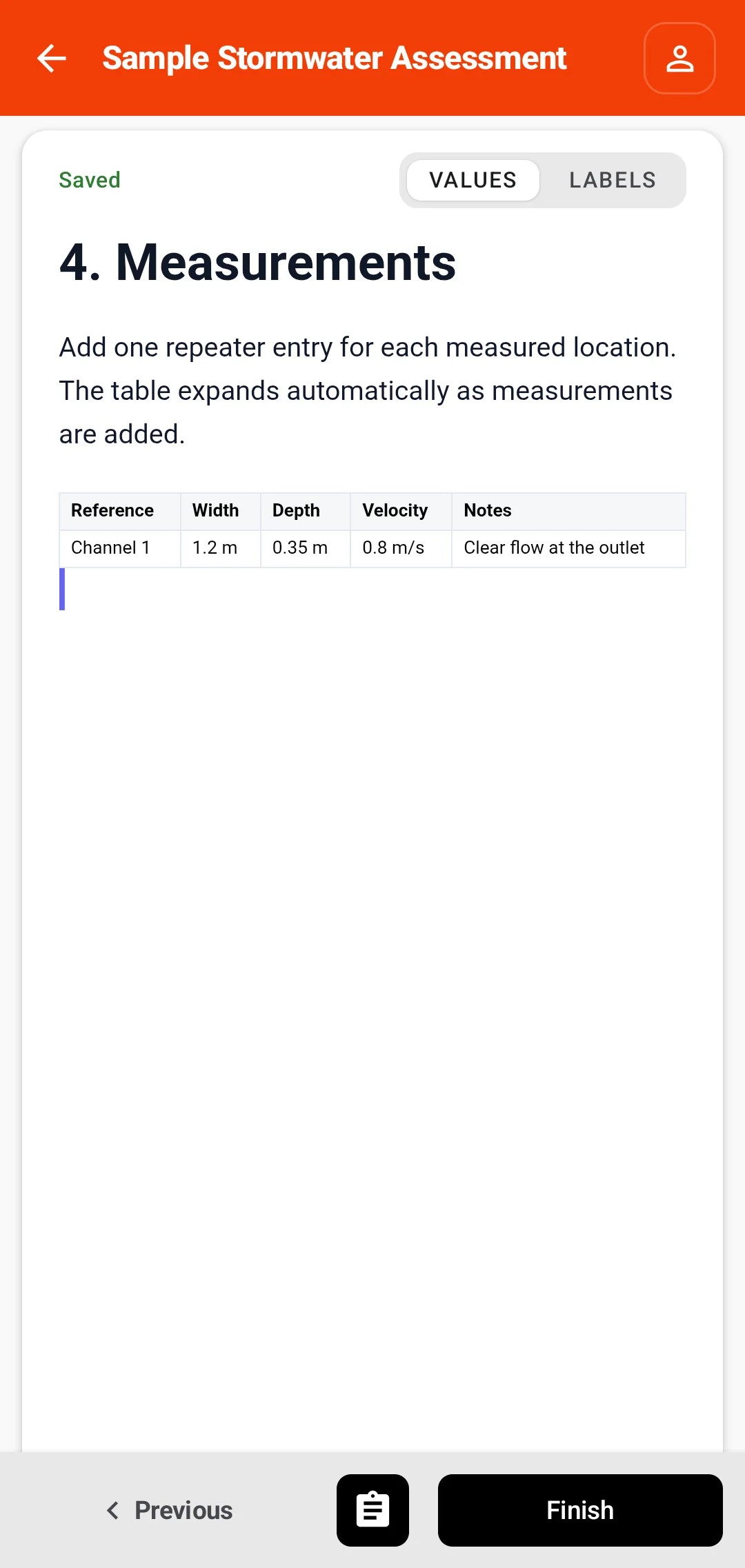 Measurements document preview showing one table row for Channel 1