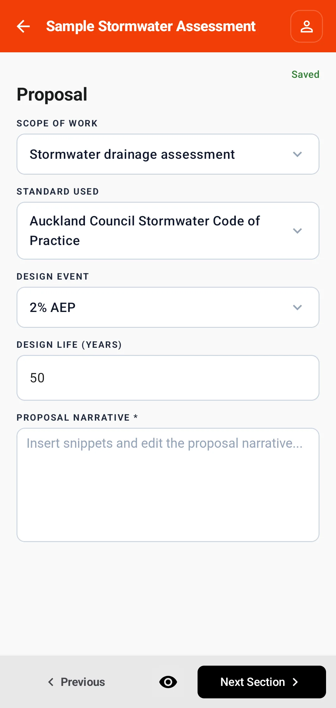 Proposal section with scope, standard, design event, design life, and proposal narrative fields