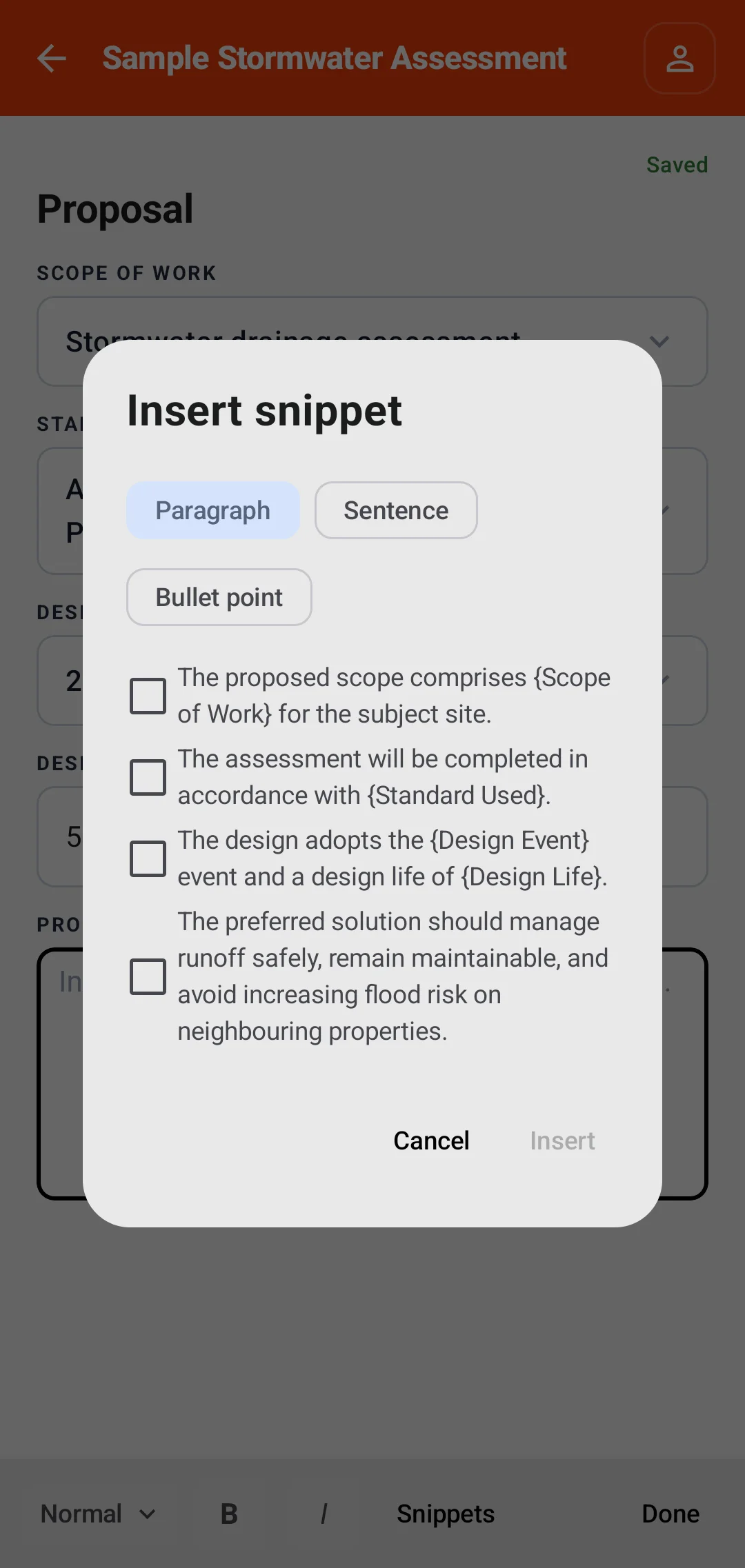 Insert snippet window showing paragraph, sentence, and bullet point modes with sample proposal wording