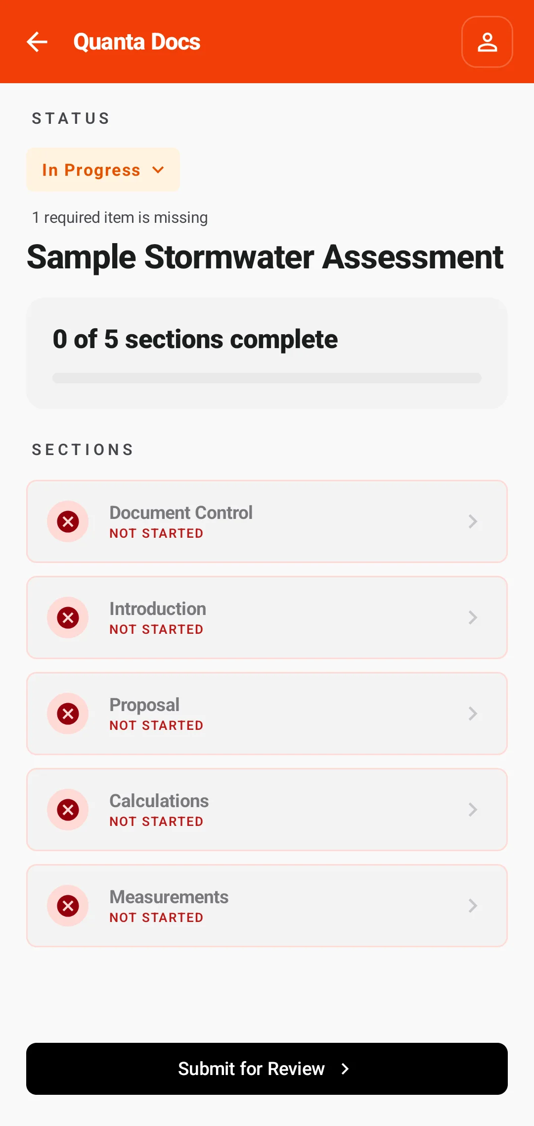 Sample Stormwater Assessment overview showing five report sections and their completion states