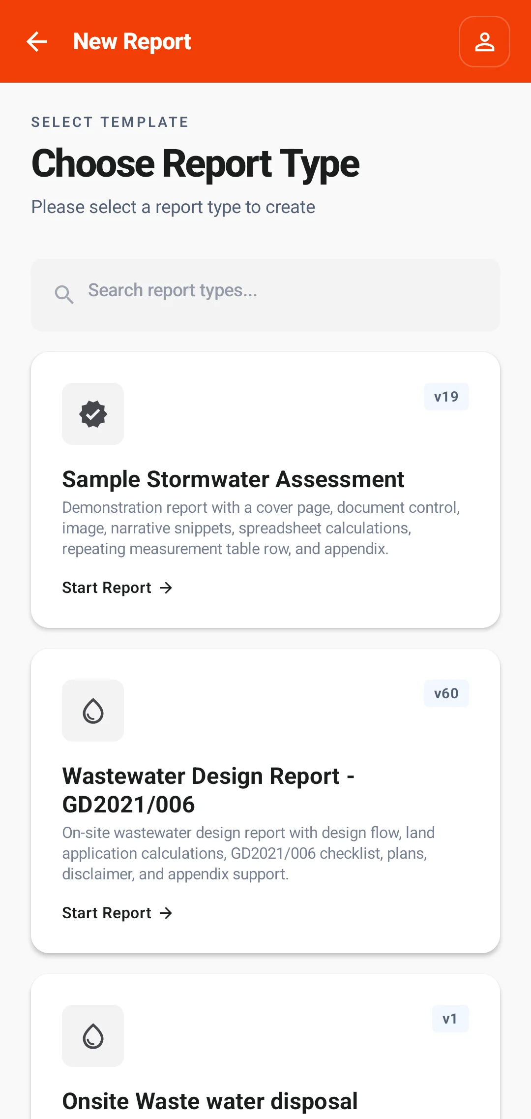 Mobile template picker showing Sample Stormwater Assessment and its Start Report button