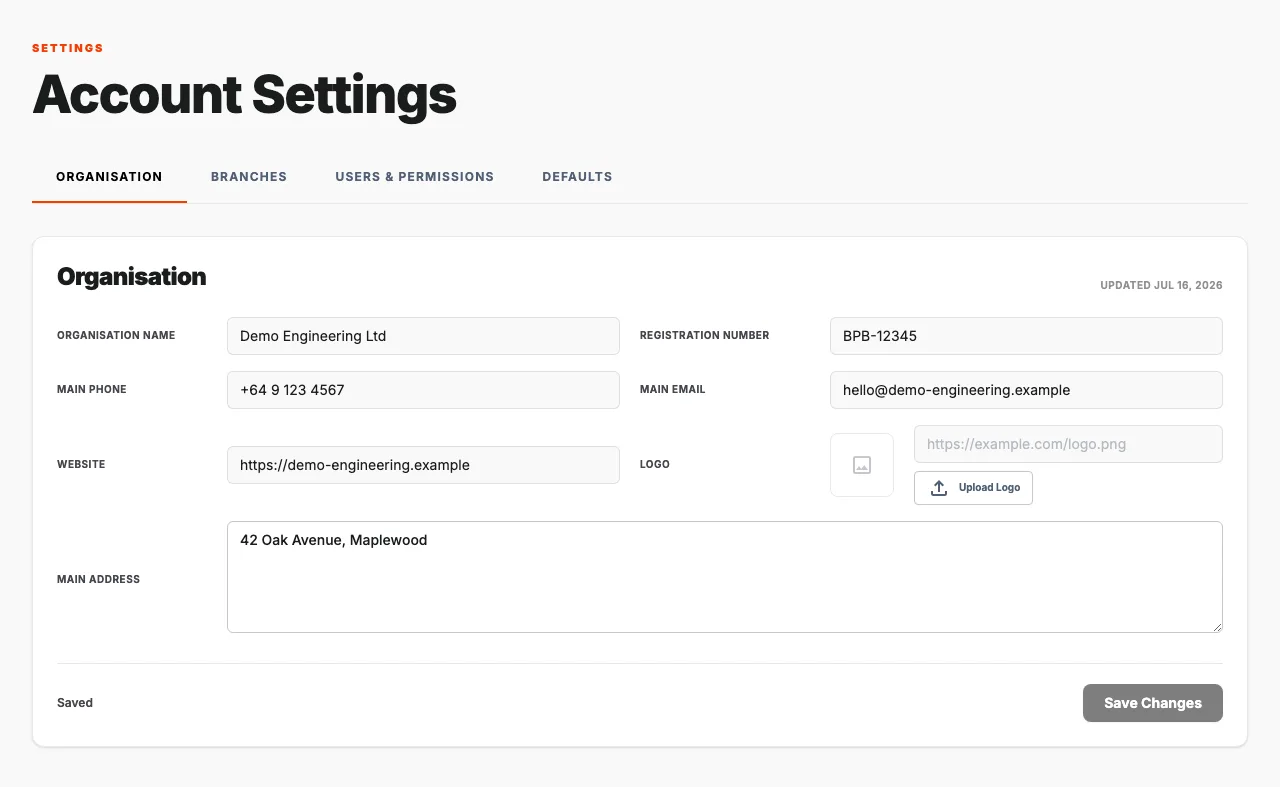 QuantaDocs organisation settings filled with Demo Engineering details