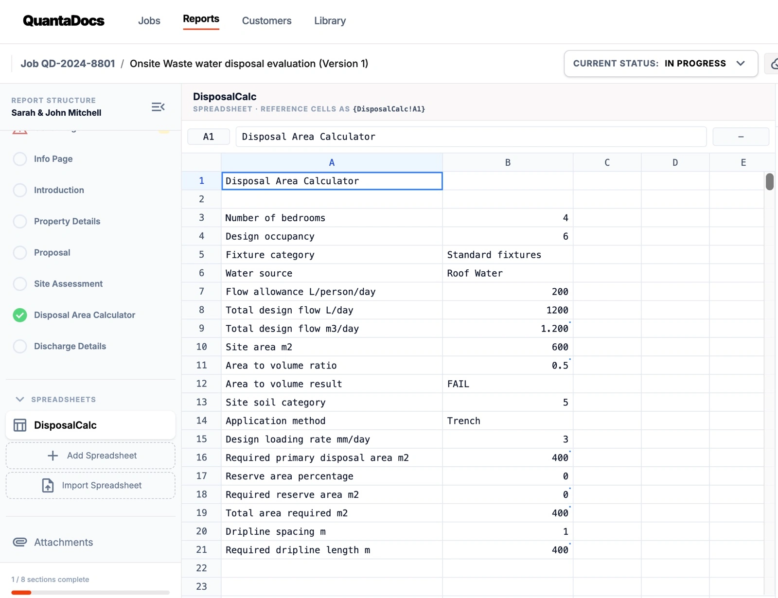 QuantaDocs disposal area calculation spreadsheet screen