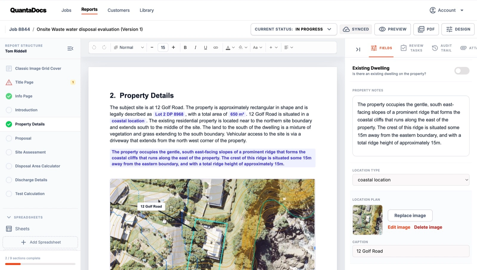 QuantaDocs web-based report editor screen